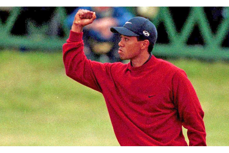 Tiger Woods celebrates winning the 2000 Open at St Andrews.