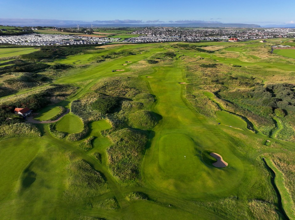 PORTRUSH, NORTHERN IRELAND - SEPTEMBER 04; An aerial view from behind the green of the 386 yards par 4, 14th hole 'Causeway' on the Dunluce Links at Royal Portrush Golf Club on September 04, 2024 in Portrush, Northern Ireland.  (Photo by David Cannon/R&A/R&A via Getty Images)