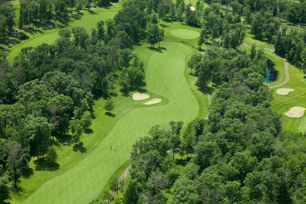 Aerial view of golf fairway and green