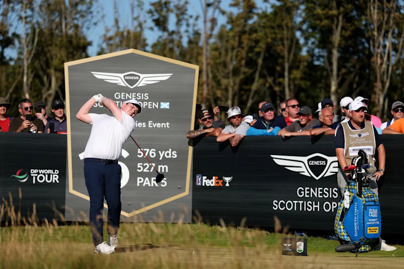 Robert MacIntyre tees off on the 16th hole during the second round of the 2025 Genesis Scottish Open at The Renaissance Club.