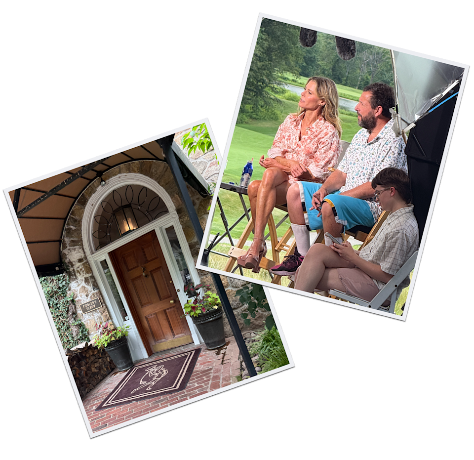 From left: A door at Fiddler's Elbow Country Club, Bowen and Sandler sitting together for interviews.