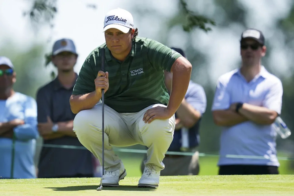 Aldrich Potgieter lines up a putt during the final round of the Rocket Mortgage Classic; June 29, 2025; Detroit, Michigan.Credit&colon; Aaron Doster-Imagn Images