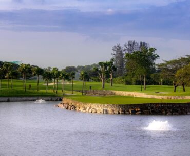 Tanah Merah Country Club's island green at the 14th hole of the new Garden Course is large, but surrounding water makes it look like a postage stamp.