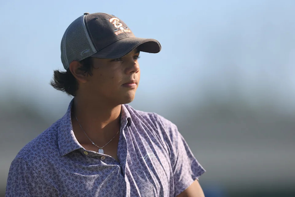 Charlie Woods on the first hole during the second round of stroke play of the 2025 U.S. Junior Amateur at Trinity Forest Golf Club in Dallas, Texas on Tuesday, July 22, 2025. (Dustin Satloff/USGA)