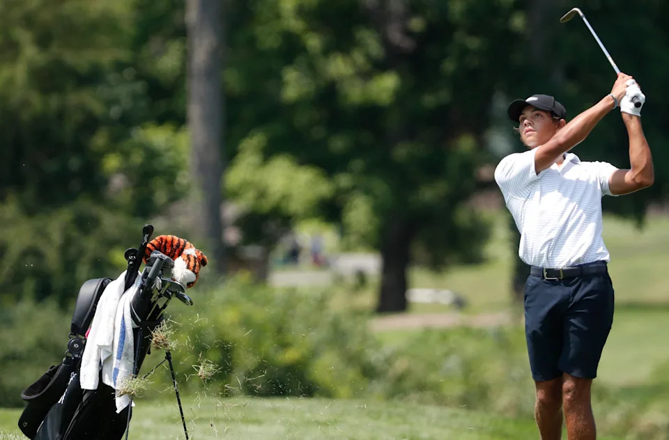 Charlie Woods hits the ball Tuesday, July 29, 2025, during the Junior PGA Championship at the Purdue Birck Boilermaker Golf Complex in West Lafayette, Indiana.