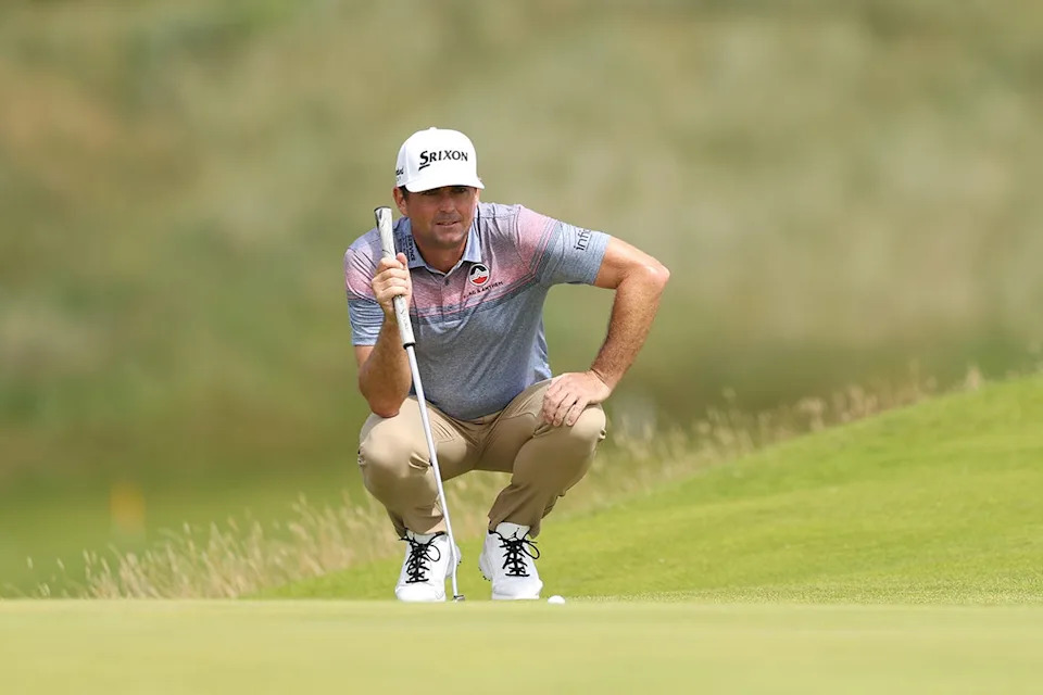 Keegan Bradley lines up a putt on the 16th green during the second round of the 153rd Open Championship at Royal Portrush Golf Club.