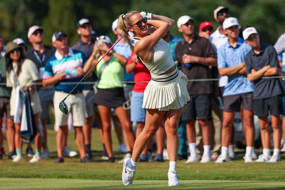 ATLANTA, GEORGIA - AUGUST 28: Paige Spiranac hits a tee shot on the 13th hole during the 2024 Creator Classic prior to the TOUR Championship at East Lake Golf Club on August 28, 2024 in Atlanta, Georgia. (Photo by Mike Mulholland/Getty Images)<p><a href="https://www.gettyimages.com/detail/2169138147" rel="nofollow noopener" target="_blank" data-ylk="slk:Mike Mulholland&sol;Getty Images;elm:context_link;itc:0;sec:content-canvas" class="link ">Mike Mulholland&sol;Getty Images</a></p>