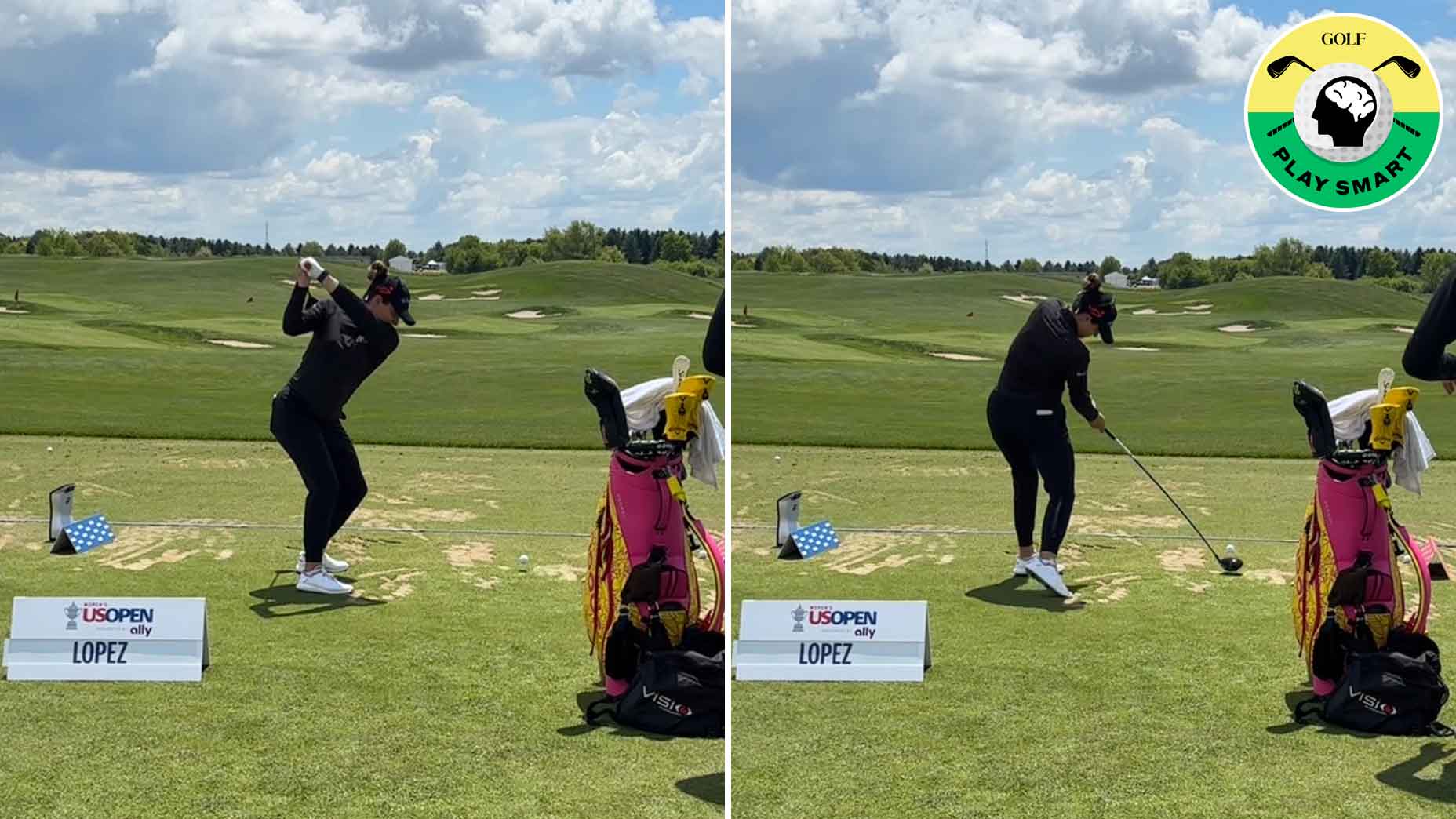 gaby lopez hits driver on the driving range at the u.s. women's open