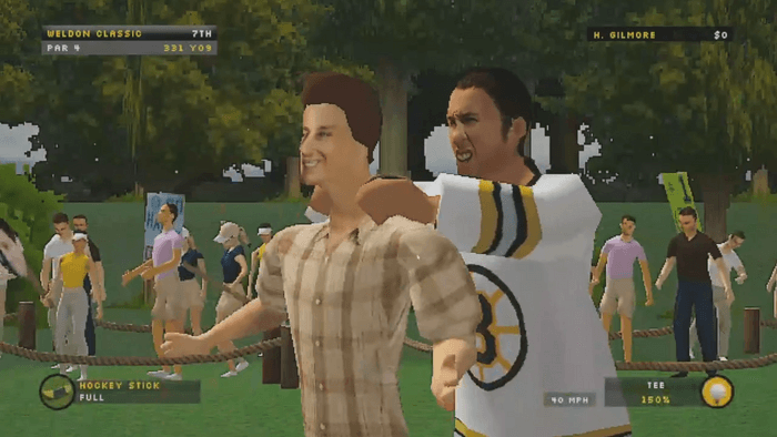 Adam Sandler as Happy Gilmore throttling a man from behind in Happy Gilmore: Golf Mayhem '98 Demo.