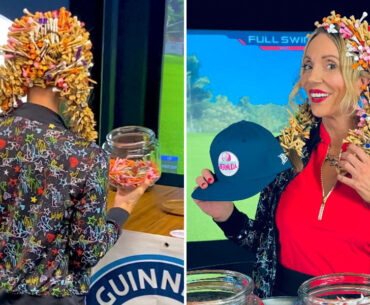 split image of Anya with the most golf tees in her hair from in front and behind