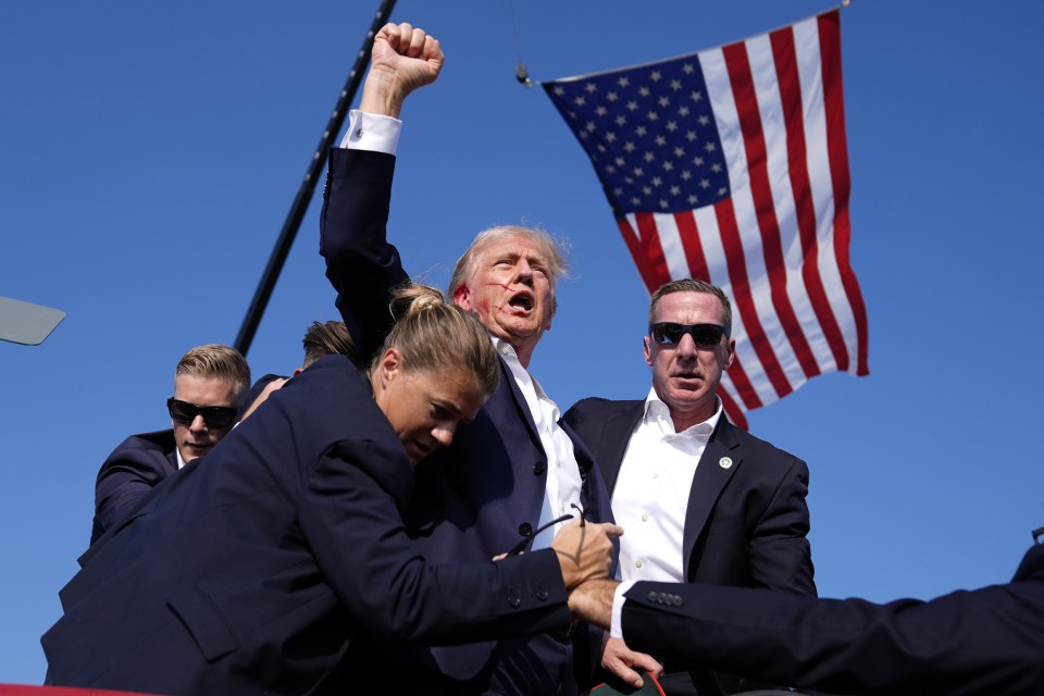 Photo of Donald Trump at a rally, appearing injured and surrounded by Secret Service agents.