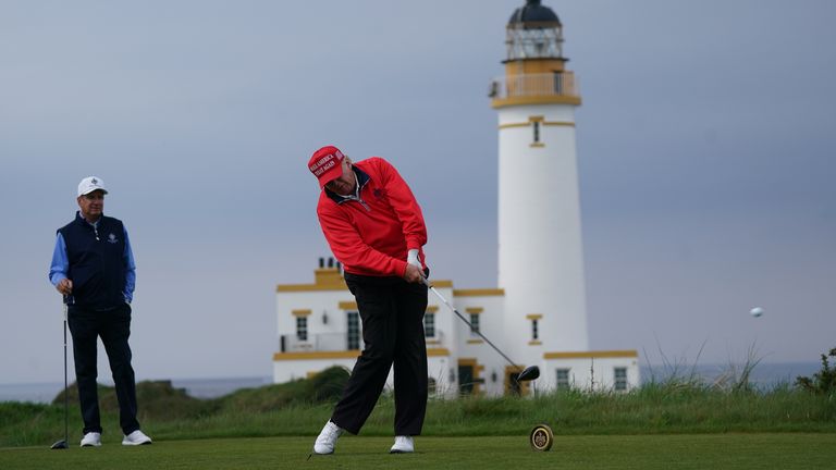 Former US president Donald Trump playing golf at his Trump Turnberry course in South Ayrshire during his visit to the UK. Picture date: Wedn