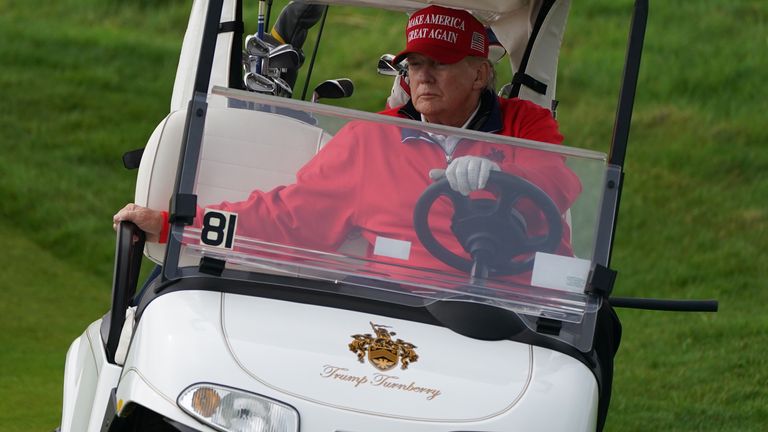 Former US president Donald Trump playing golf at his Trump Turnberry course in South Ayrshire during his visit to the UK. Picture date: Wedn