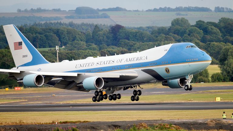 Air Force One with U.S. President Donald Trump and first lady Melania Trump lands at Prestwick Airport, Scotland, Friday, July 13, 2018. Tru