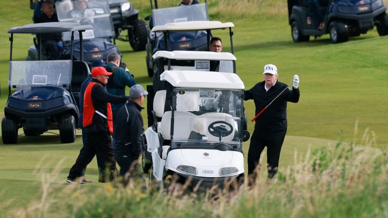 U.S. President Donald Trump golfs at Trump Turnberry resort in Turnberry, Scotland, Britain, July 26, 2025. REUTERS/Phil Noble
