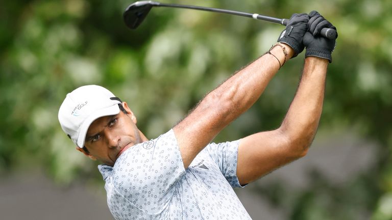 Aaron Rai of England plays his shot from the sixth tee during the first round of the Wyndham Championship