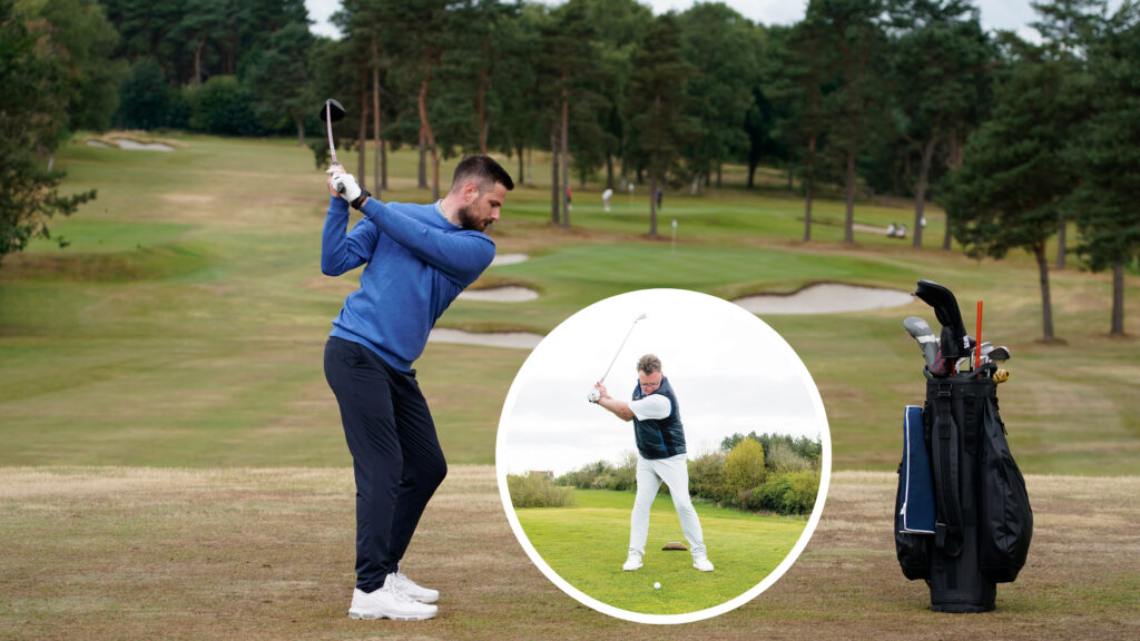 Baz Plummer hitting a 3-wood into the wind with an inset image of John Jacobs hitting an iron shot into the wind