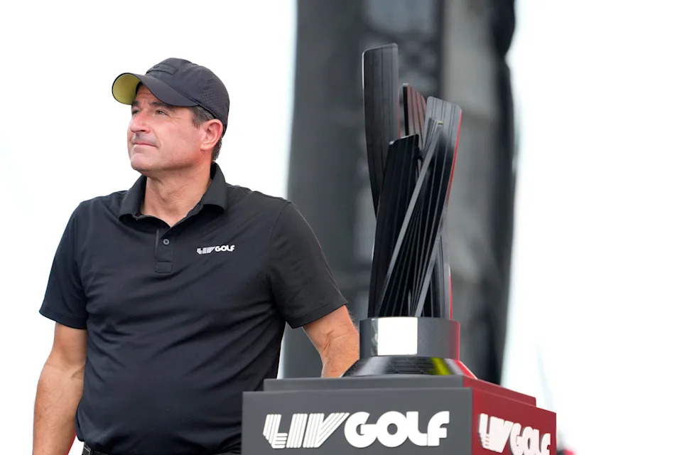Scott O'Neil, LIV Golf CEO, looks on during the award ceremony on day three of LIV Golf Chicago at Bolingbrook Golf Club on August 10, 2025 in Bolingbrook, Illinois.