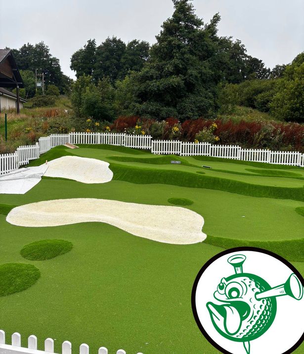 Finishing touches being added to the course and, inset, Golff Bach's logo
