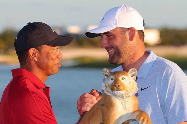 Scottie Scheffler and Tiger Woods shake hands