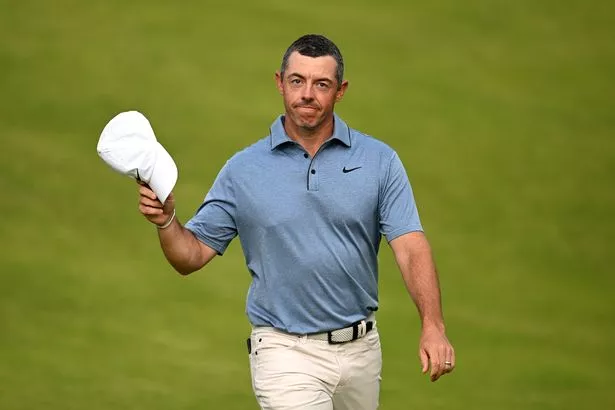 Rory McIlroy of Northern Ireland acknowledges the crowd as he walks up to the 18th green during Day Four of The 153rd Open Championship at Royal Portrush Golf Club on July 20, 2025 in Portrush, Northern Ireland