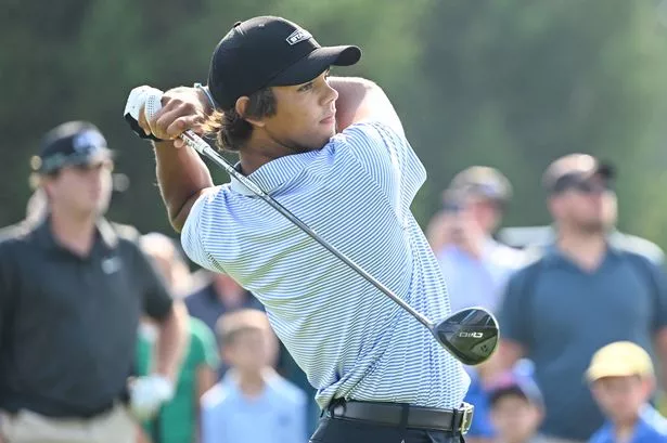Charlie Woods hits his tee shot on the first hole during the final round of the 2025 Junior PGA Championship at Birck Boilermaker Golf Complex on Friday, August 1, 2025 in West Lafayette, Indiana.