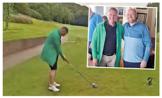 Conor McGeown hits the disastrous first tee shot and, right, is presented with the 'honorary' green jacket on previous outing