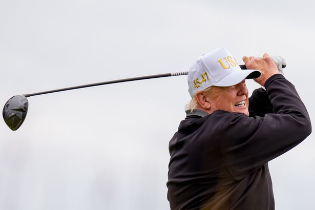 U.S. President Donald Trump tees off at a new 18-hole course at Trump International Golf Links on July 29, 2025 in Balmedie, near Aberdeen, Scotland. President Trump is visiting Scotland in a trip that's part-vacation, part-work, as he stayed at his Trump Turnberry golf course, followed by Trump International Golf Links in Aberdeenshire, between July 25 to 29