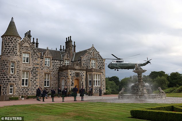 The Presidential helicopter, Marine One, arrives at Trump International Golf Links in July