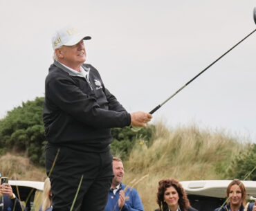 President Donald Trump caps his visit to Scotland by opening a new golf course and promoting his family brand
