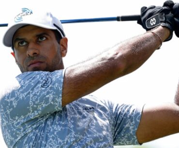 Aaron Rai (ENG) plays his tee shot at the 8th hole during the third round of the PGA Championship on May 17, 2025 at Quail Hollow Country Cl