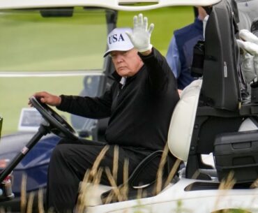 Donald Trump tees off at his Scottish golf course amid anti-Trump demonstrations