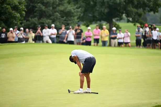 Charlie Woods reacts to missing his putt on the 18th hole during the final round of the 2025 Junior PGA Championship at Birck Boilermaker Golf Complex on Friday, August 1, 2025 in West Lafayette, Indiana.