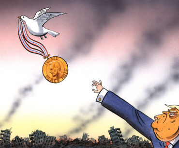 Illustration of Donald Trump reaching for a Nobel Peace Prize medal that's being carried away by a dove with a destroyed city in the background