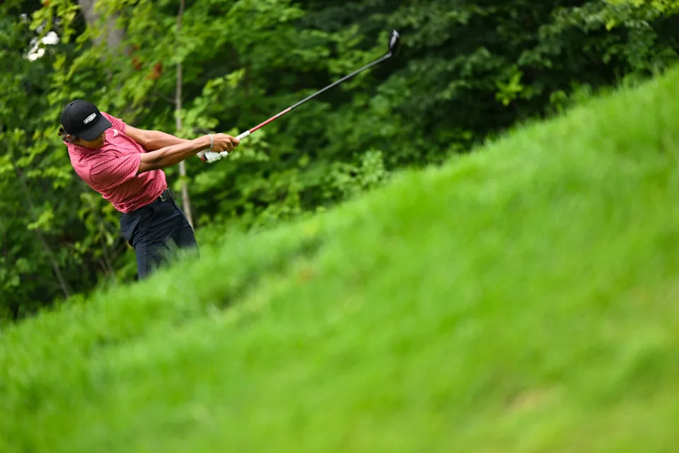 Charlie Woods hits his tee shot on the 18th hole during the third round of the 2025 Junior PGA Championship at Birck Boilermaker Golf Complex in West Lafayette, Indiana.<p><a href="https://www.gettyimages.com/detail/2227214088" rel="nofollow noopener" target="_blank" data-ylk="slk:Ryan Lochhead&sol;PGA of America&sol;Getty Images;elm:context_link;itc:0;sec:content-canvas" class="link ">Ryan Lochhead&sol;PGA of America&sol;Getty Images</a></p>