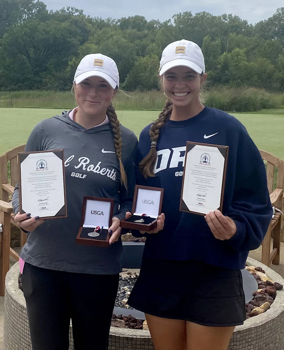 North East graduate Anna Swan (right) poses with Oral Roberts University teammate Jayla Kucy after they gained a berth for the 2026 USGA Women's Amateur Four-Ball tournament through an Aug. 27 qualifier at Mayetta, Kansas. They won it with a combined round of 5-under par 67.