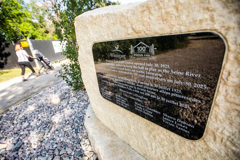 MIKAELA MACKENZIE / FREE PRESS
                                A commemorative plaque and boulder were put in place recently near the first tee to
mark Windsor Park Golf Course’s 100th anniversary this year.