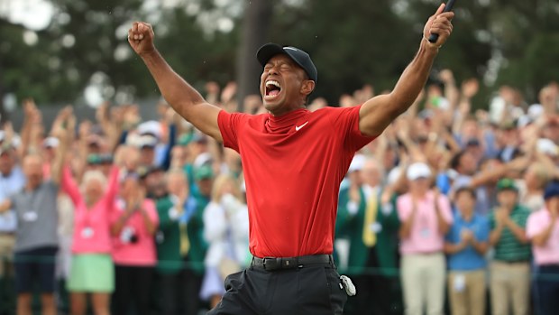 Tiger Woods celebrates conquering the Masters in 2019, claiming his fifth green jacket.