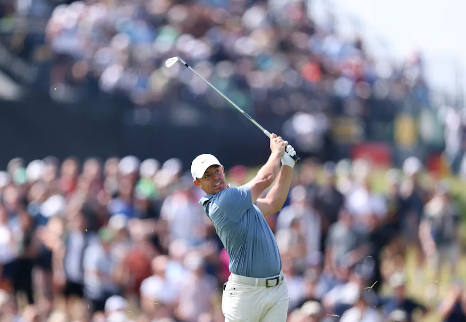 Rory McIlroy plays his second shot on the second hole during day four of the 153rd Open Championship at Royal Portrush Golf Club.