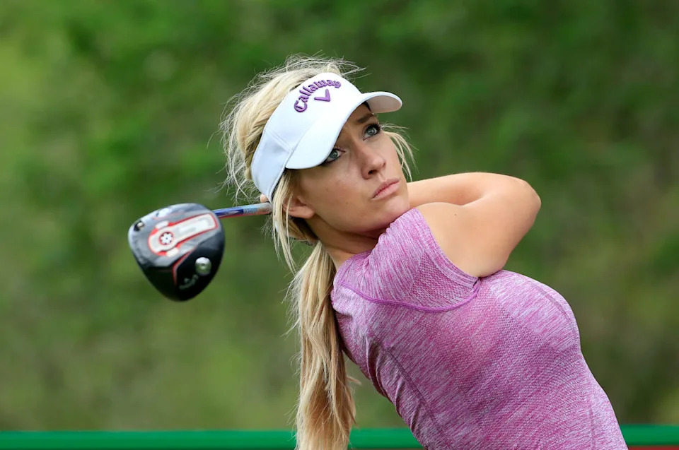 DUBAI, UNITED ARAB EMIRATES - DECEMBER 07: Paige Spiranac of the United States in action during her practice round as a preview for the 2015 Omega Dubai Ladies Masters on the Majlis Course at The Emirates Golf Club on December 7, 2015 in Dubai, United Arab Emirates. (Photo by David Cannon/Getty Images)