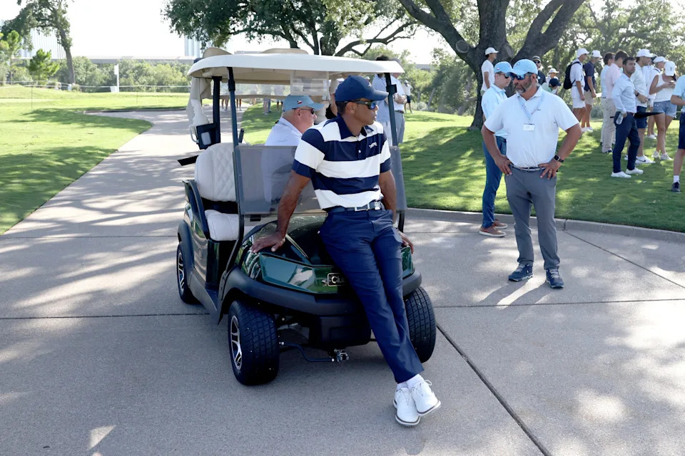 Tiger Woods watches his son Charlie Woods play during the first round of the U.S. Junior Amateur at Brook Hollow Golf Club on July 21, 2025 in Dallas, Texas.