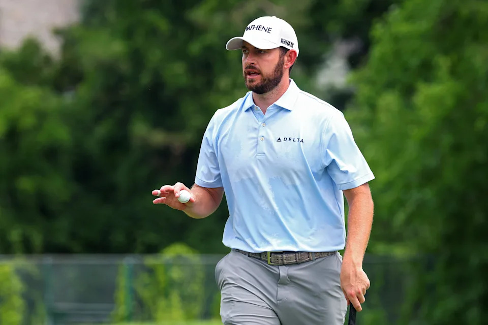 Patrick Cantlay of the United States acknowledges the crowd on the eighth green during the first round of the Rocket Classic 2025 at Detroit Golf Club on June 26, 2025 in Detroit, Michigan.