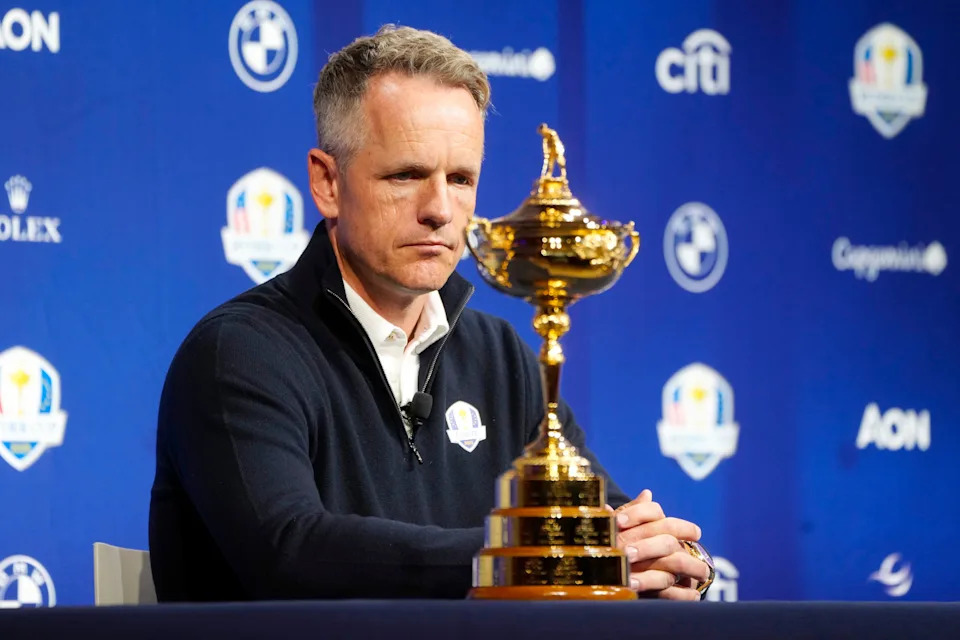 Luke Donald at a press conference during the Ryder Cup 2024 Year to Go Media Event at The Times Center in New York.