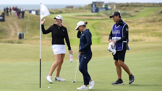 Mimi Rhodes celebrates her hole-in-one with playing partner Stephanie Kyriacou. 
