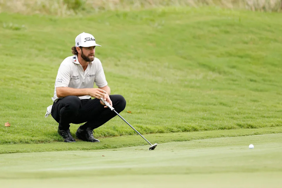 Cameron Young of the United States lines up a putt on the ninth green during the third round of the Wyndham Championship 2025 at Sedgefield Country Club on August 02, 2025 in Greensboro, North Carolina.