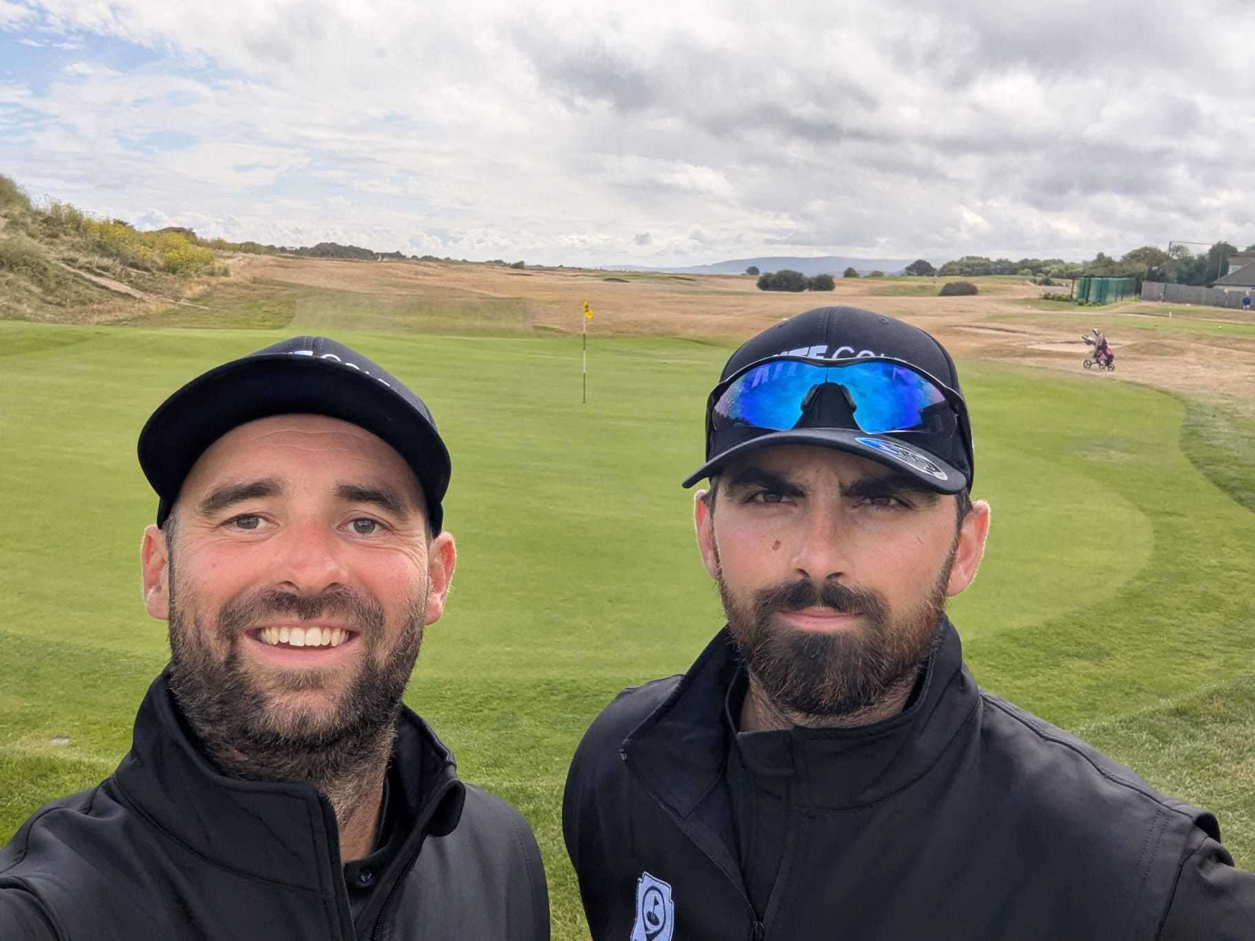 Alex (left) took on 18 courses in 10 days in 18 different counties with Steve