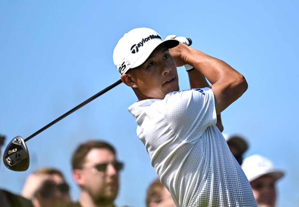 Collin Morikawa hits a tee shot during a practice round ahead of The Open Championship at Royal Portrush