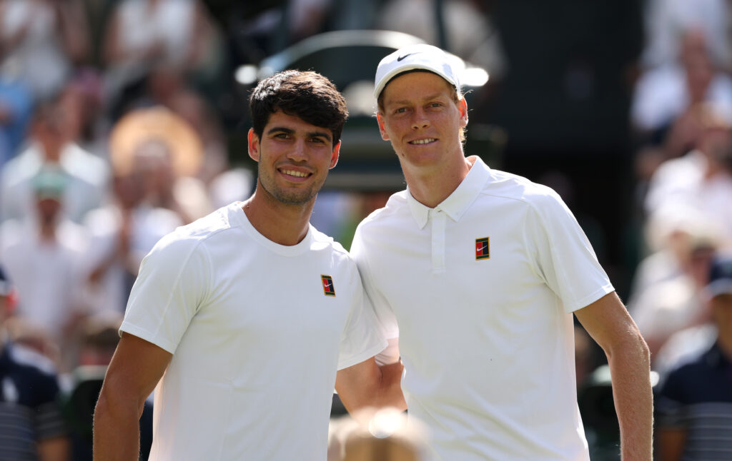 Carlos Alcaraz and Jannik Sinner pictured at the Wimbledon 2025 final