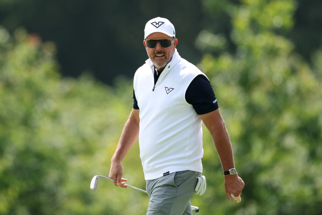 Phil Mickelson in action during LIV Golf UK at the JCB Golf & Country Club