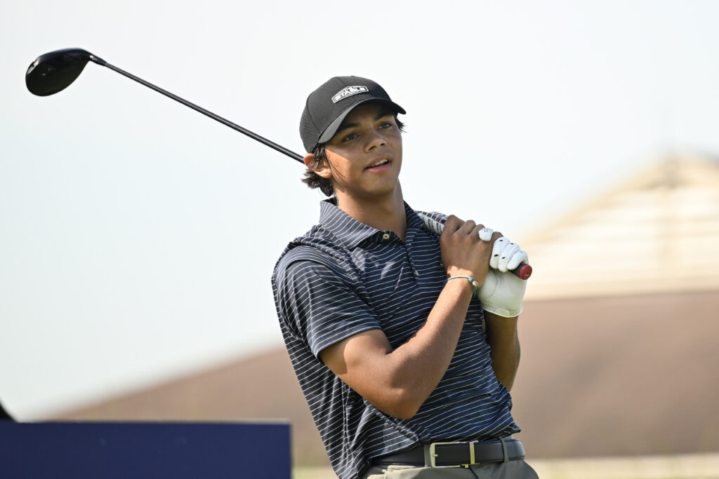 Charlie Woods reacts to his tee shot